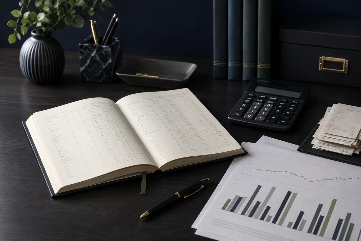 Organised bookkeeping ledger, calculator and financial records