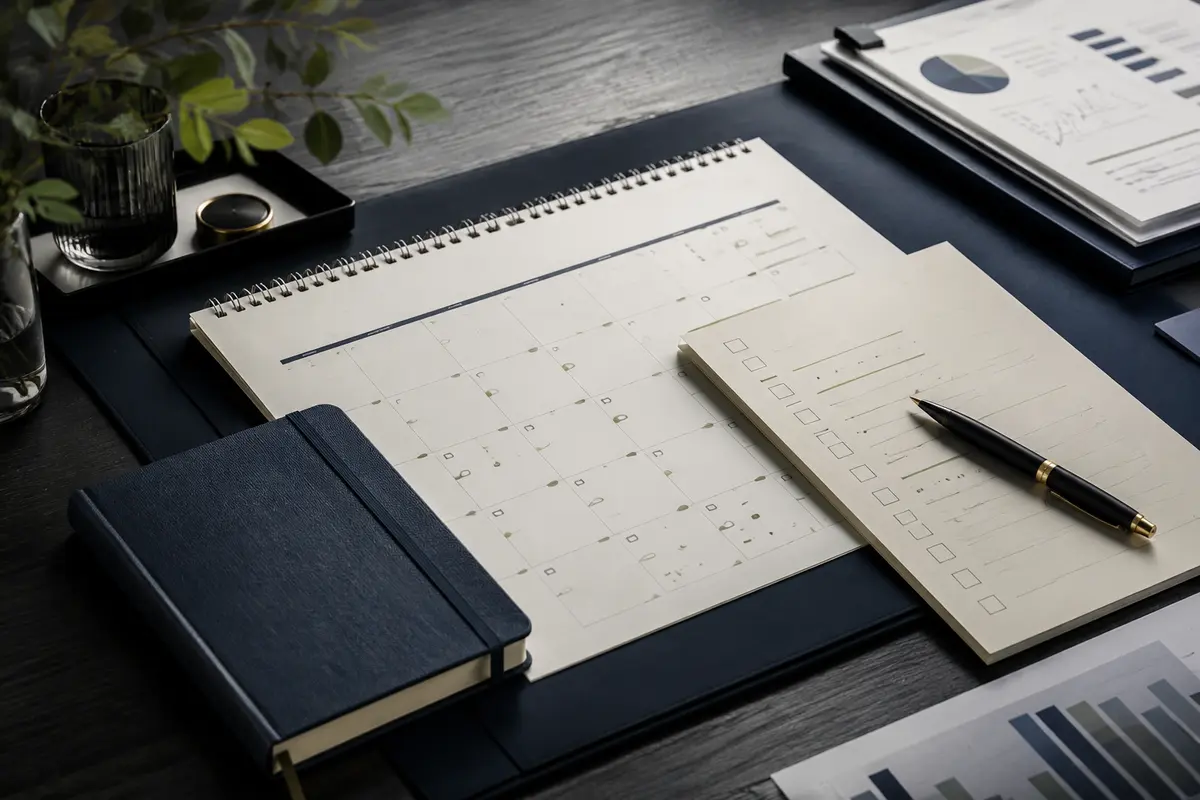 Business compliance calendar and organised planning desk